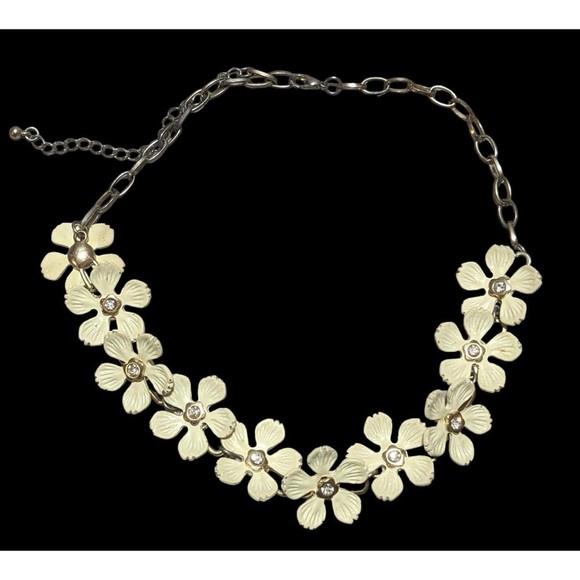 1960's Enameled & Rhinestone Daisy Flower Necklace on Brass Chain - Picture 6 of 9